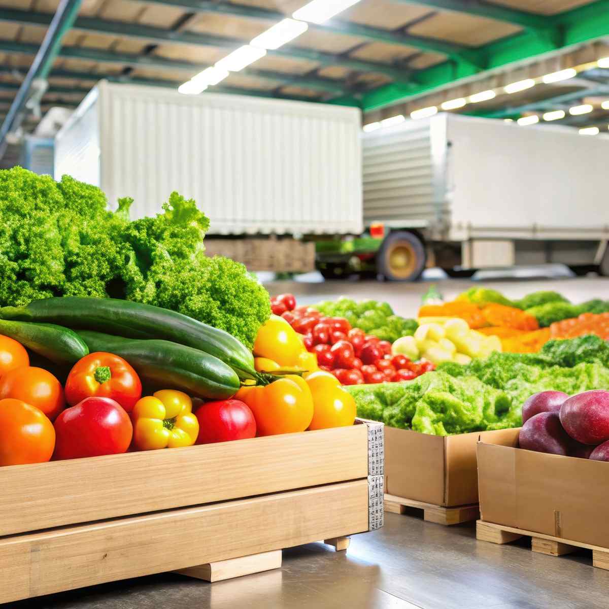 Bins of produce in a warehouse with trucks behind